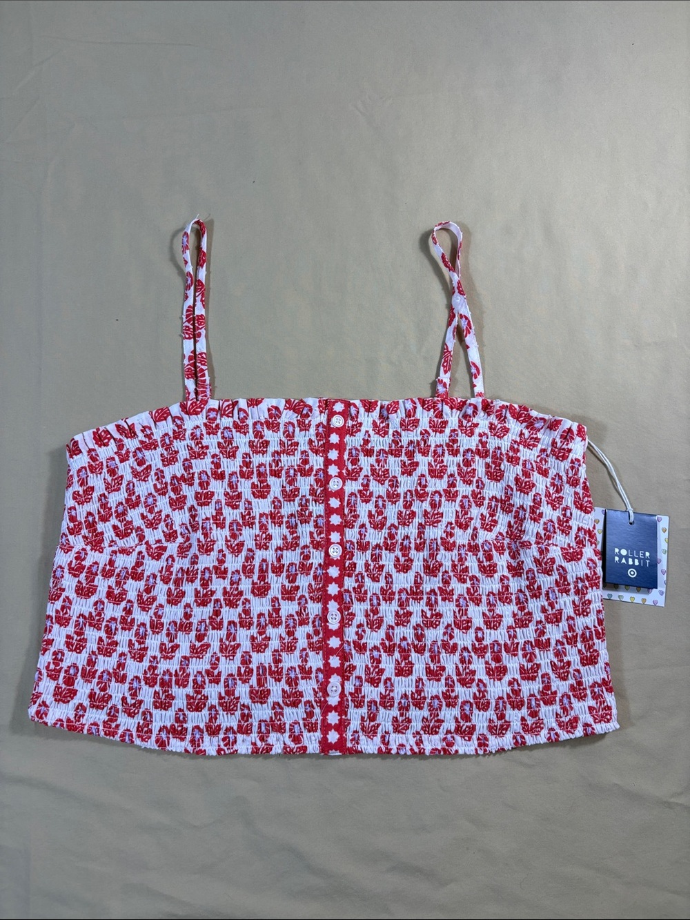 NWT Festival Roller Rabbit Red White Floral Smocked Peplum Tank Top Cami XXL